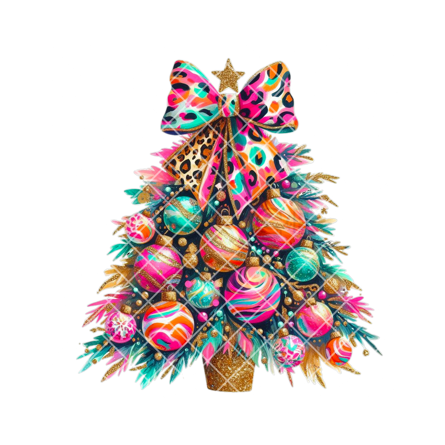 Color Print Christmas Tree With Bow PNG