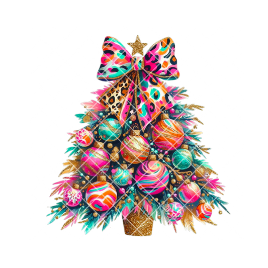 Color Print Christmas Tree With Bow PNG