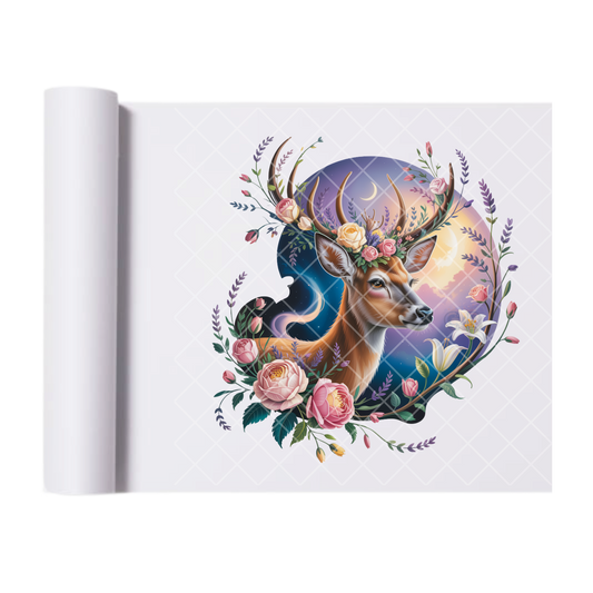 Deer Flowers Scene - Direct Transfer Print, Ready To Press For T-Shirts, Cotton, Polyester & Blends - Tshirt Business Quality