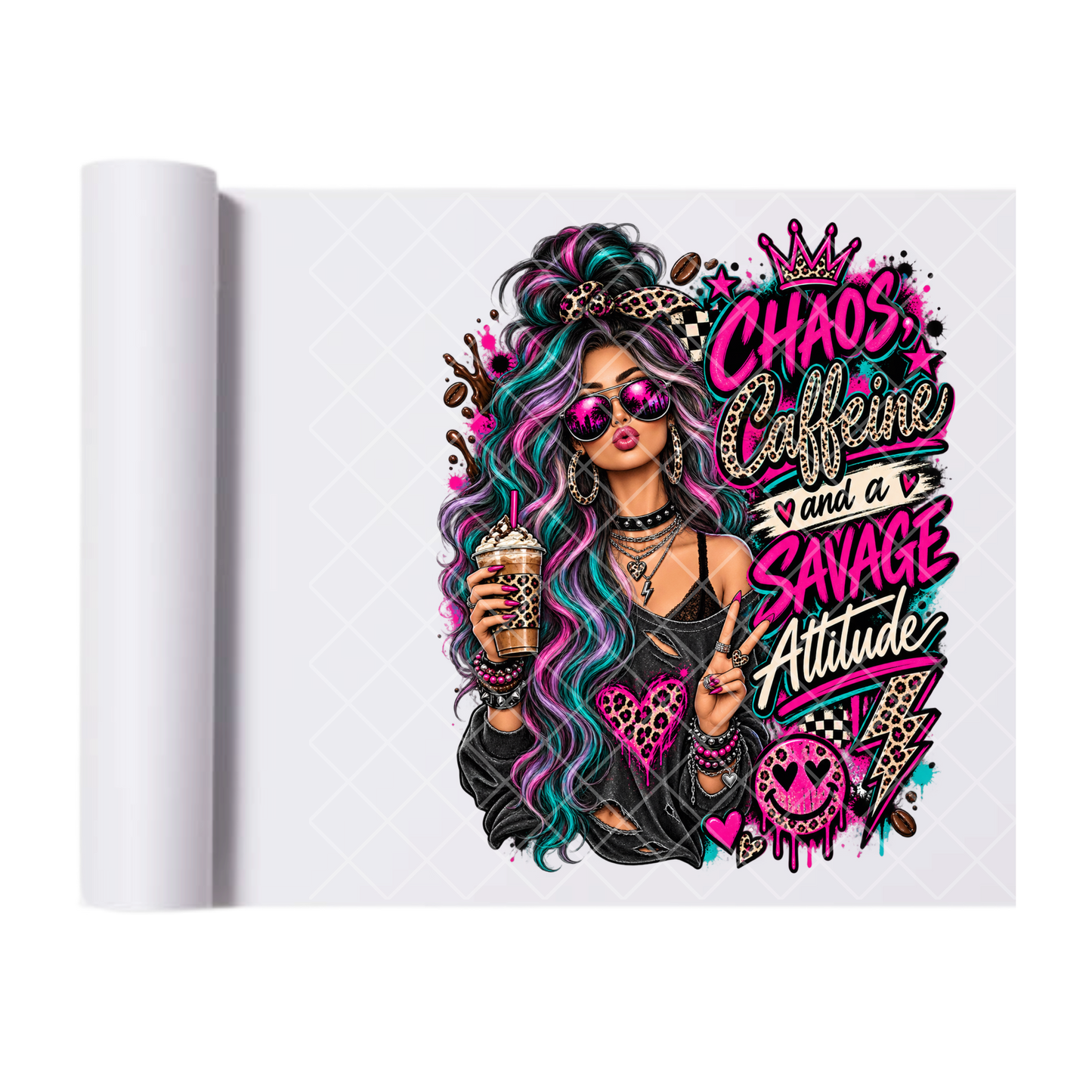 Chaos and Caffeine Pink and Blue Hair - Ready To Press Print Transfer for Apparel, Cotton, Polyester & Blends - High-Quality Print- Commercial Grade