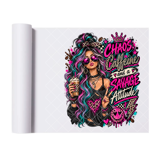 Chaos and Caffeine Pink and Blue Hair - Ready To Press Print Transfer for Apparel, Cotton, Polyester & Blends - High-Quality Print- Commercial Grade