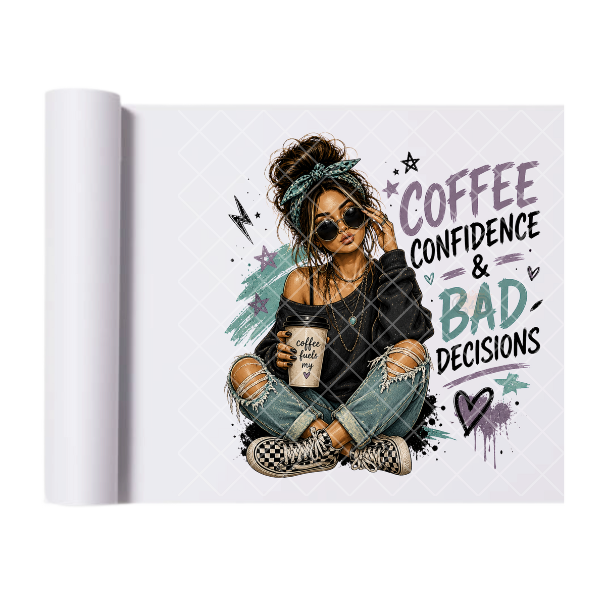 Coffee And Confidence Babe - Ready To Press Print Transfer for Apparel, Cotton, Polyester & Blends - High-Quality Print- Commercial Grade