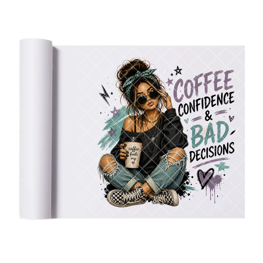 Coffee And Confidence Babe - Ready To Press Print Transfer for Apparel, Cotton, Polyester & Blends - High-Quality Print- Commercial Grade