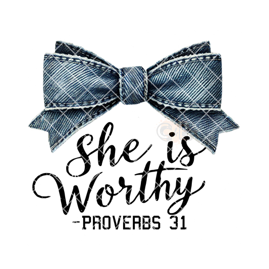 She is worthy blue jean bow PNG