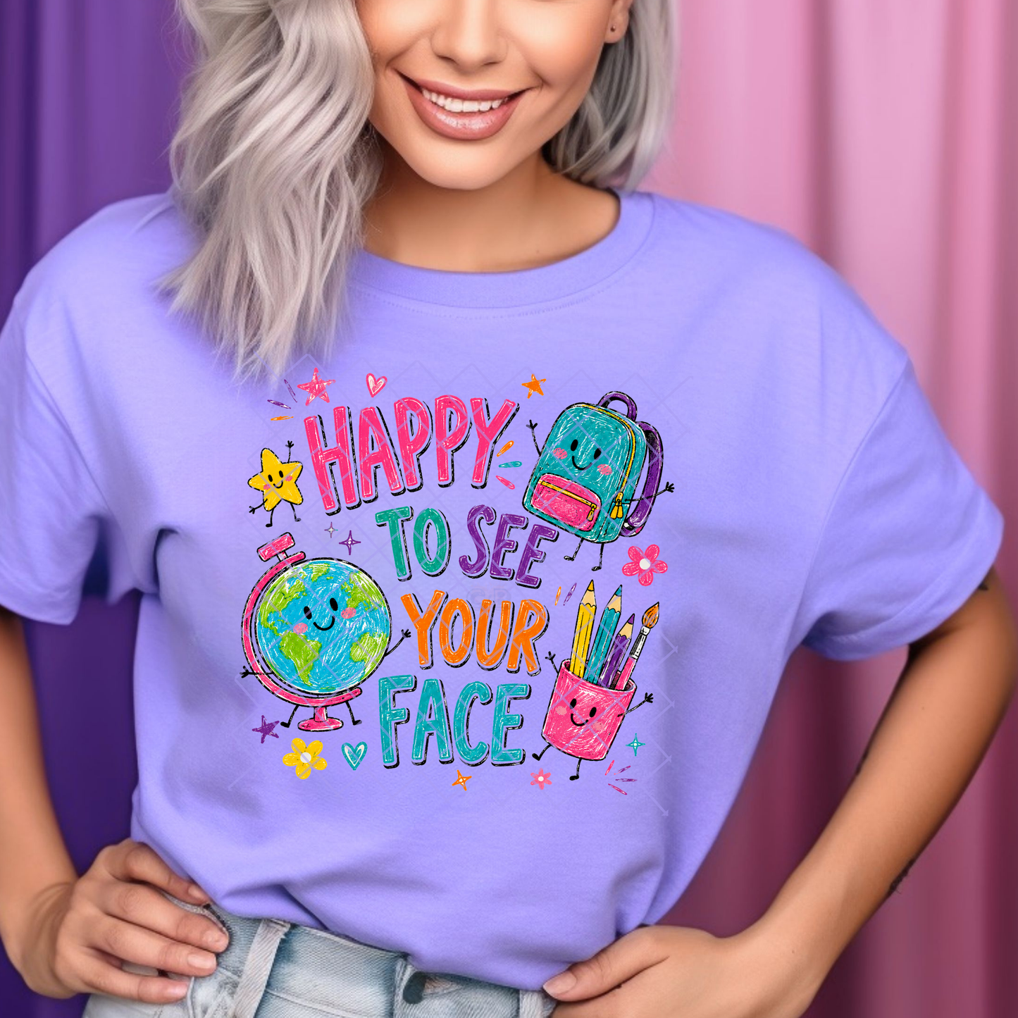 Happy To See Your Face Smiley School Doodle - Premium Graphic T-Shirt for Casual Wear