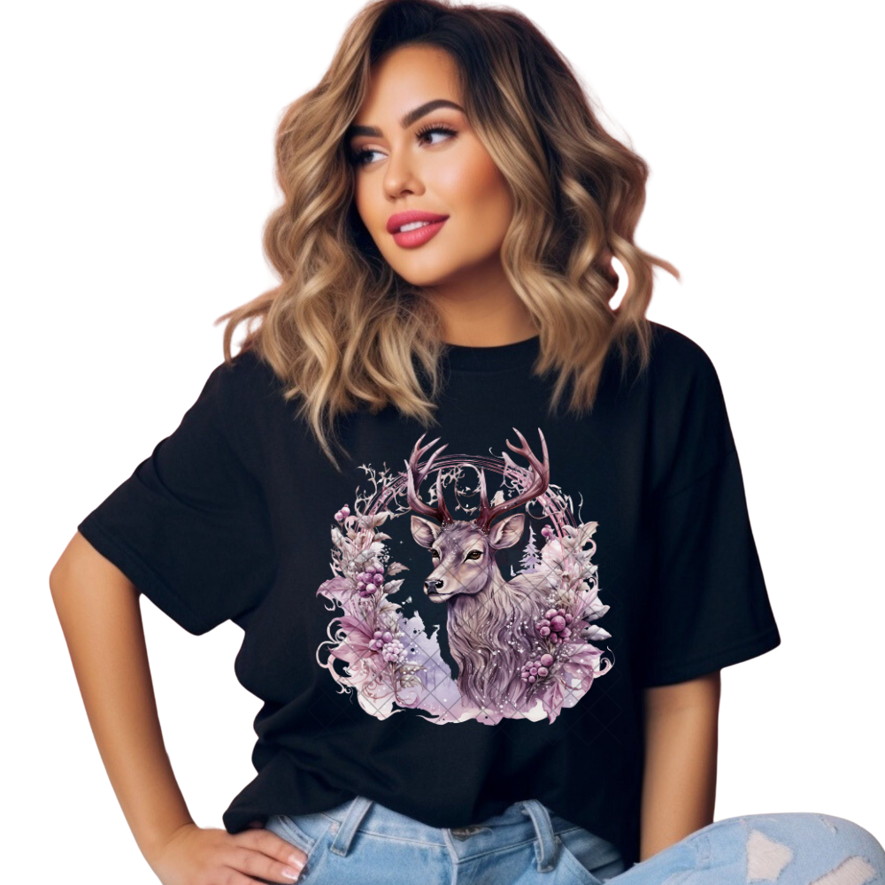 Violet Deer Bouquet Flowers - T-Shirt, Premium Graphic, Trendy T-Shirt for Casual Wear