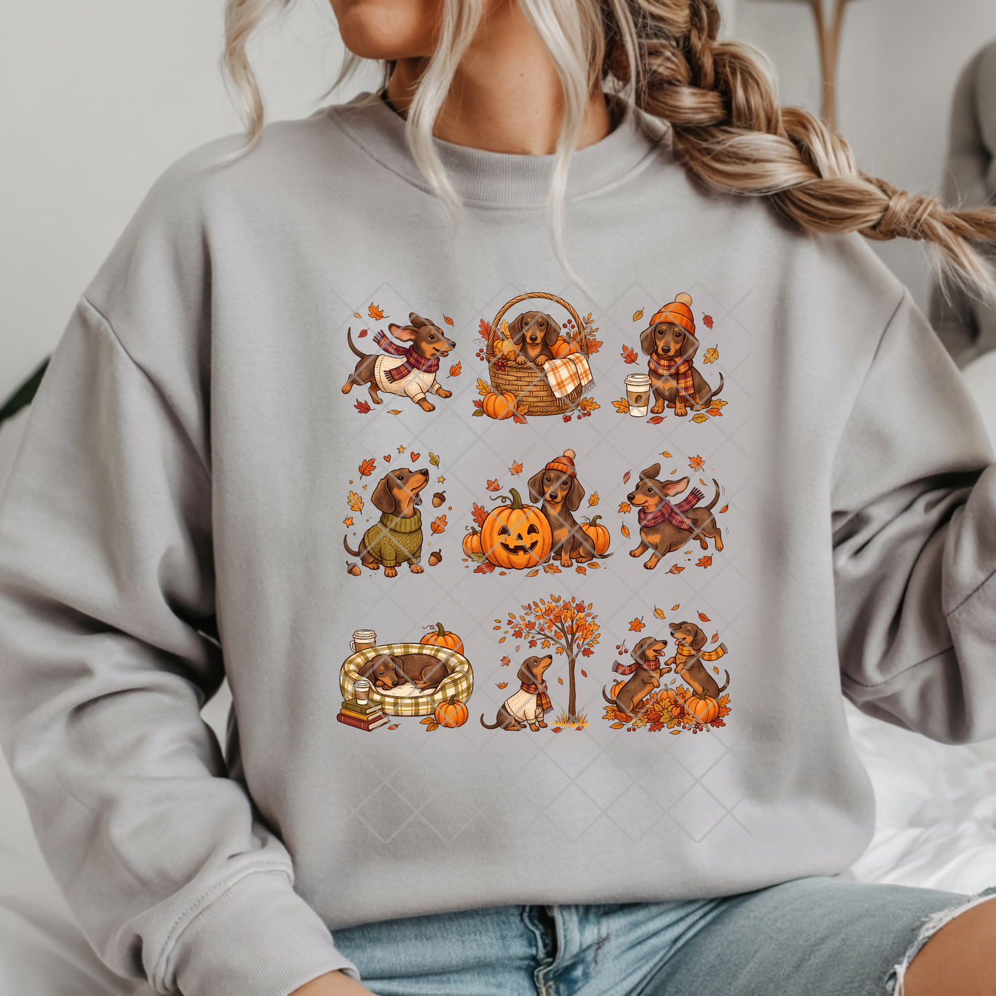 Dachshunds Fall Leaves and Pumpkins - Premium Graphic T-Shirt for Casual Wear