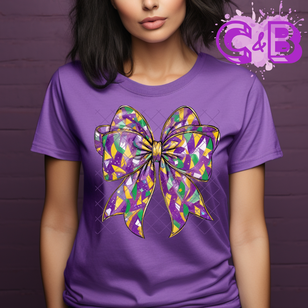 Mardi Gras colors camo bow DTF film t shirt transfer