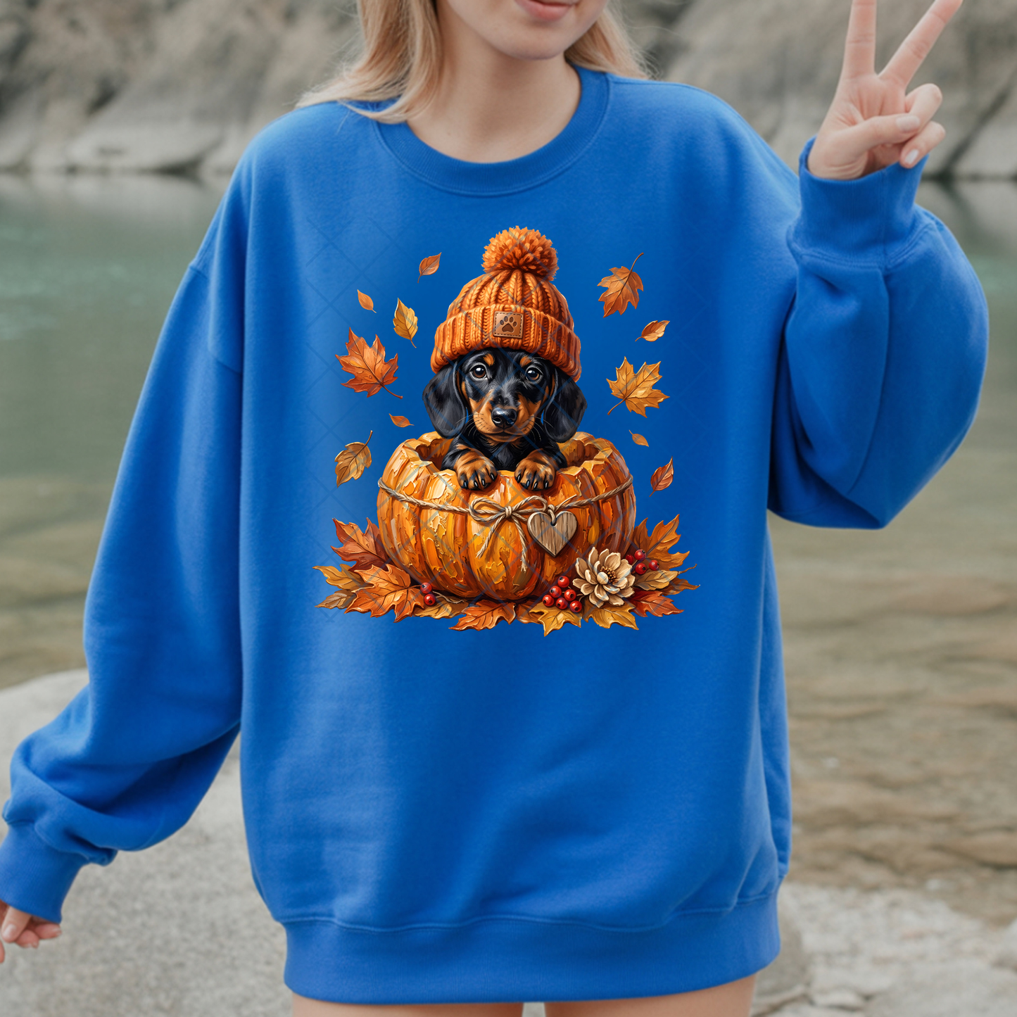 Dachshund Inside Pumpkin w/ Beanie - Premium Graphic T-Shirt for Casual Wear