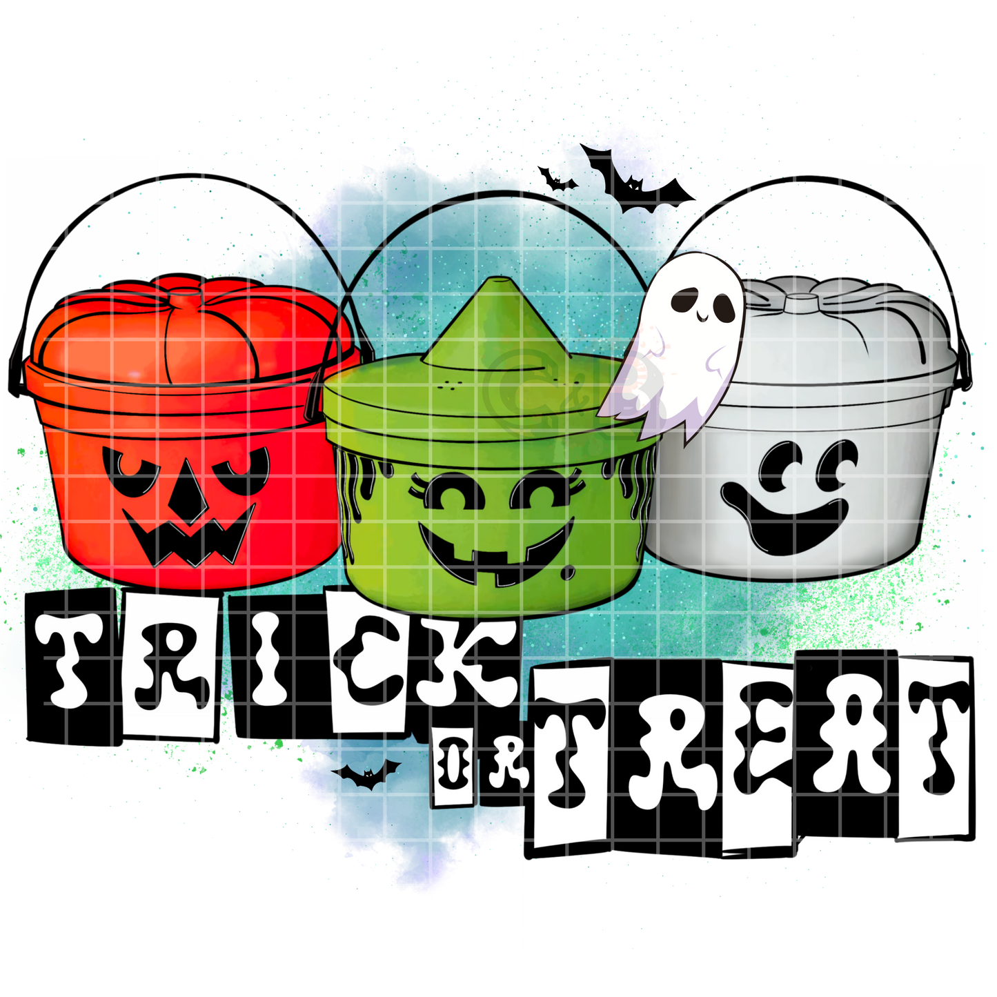 Trick Or Treat Buckets Ghost With Bats DTF Transfer