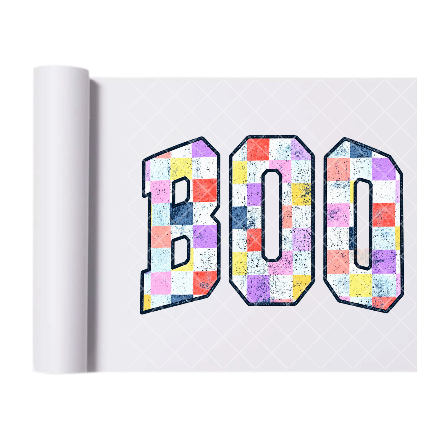 Distressed Checkered Boo - Ready To Press Print Transfer for Apparel, Cotton, Polyester & Blends - High-Quality Print- Commercial Grade