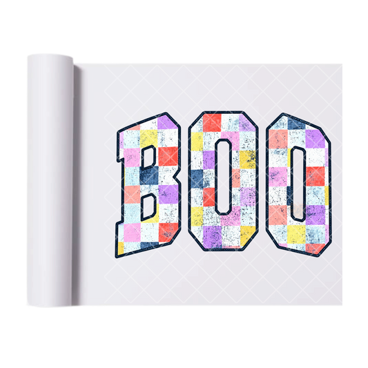 Distressed Checkered Boo - Ready To Press Print Transfer for Apparel, Cotton, Polyester & Blends - High-Quality Print- Commercial Grade