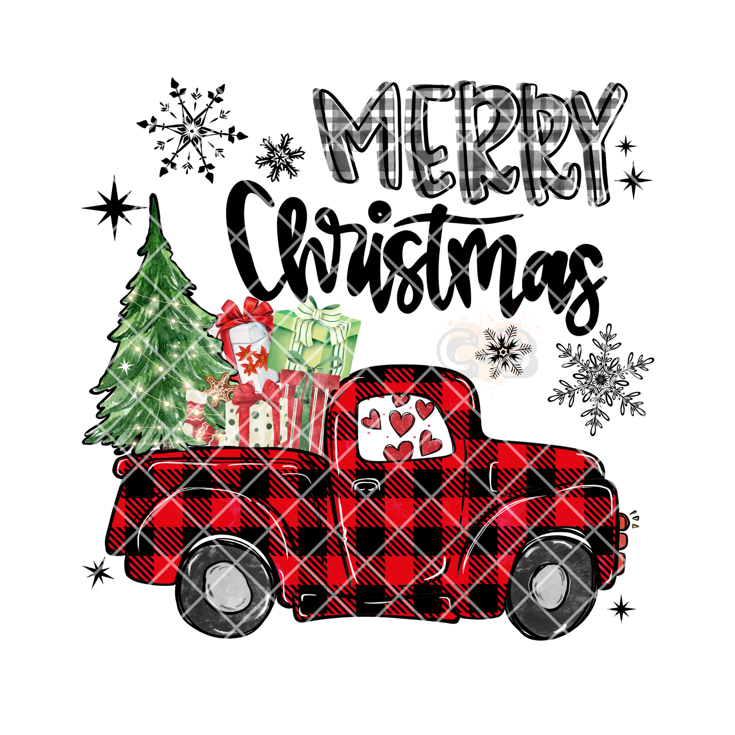 Merry christmas red plaid pick up truck PNG