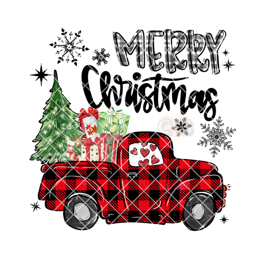 Merry christmas red plaid pick up truck PNG