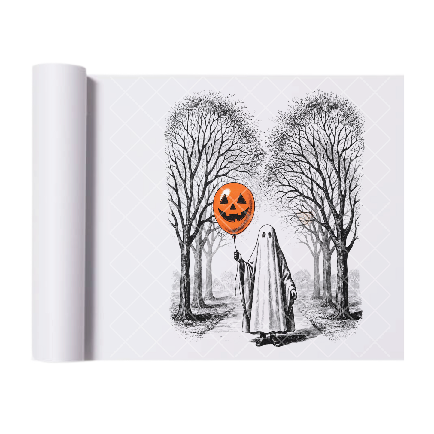 Ghost and Ballon Illustration - Ready To Press Print Transfer for Apparel, Cotton, Polyester & Blends - High-Quality Print- Commercial Grade