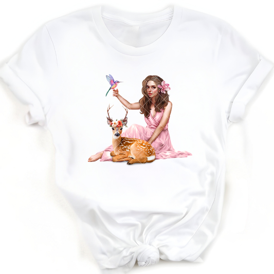 Deer And Bird Babe - T-Shirt, Premium Graphic, Trendy T-Shirt for Casual Wear