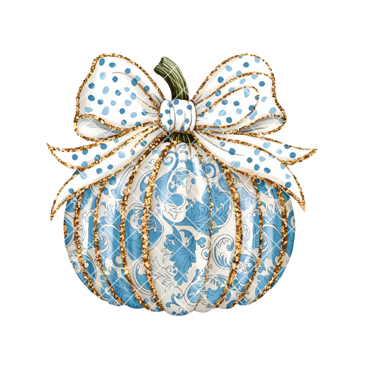 Blue Ornate Pattern Pumpkin With Bow PNG