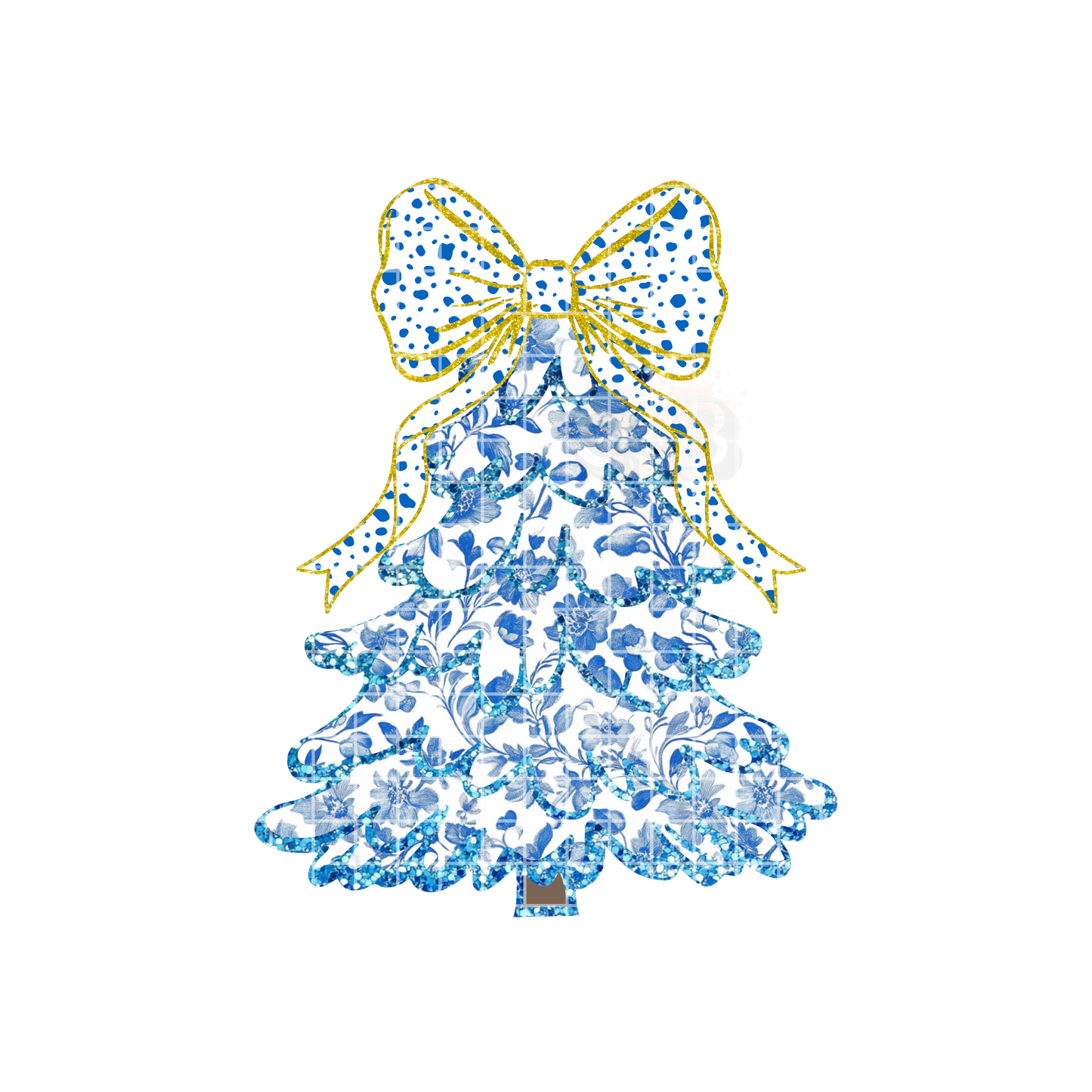 Christmas Tree Gold Blue Dotted Bow DTF Transfer