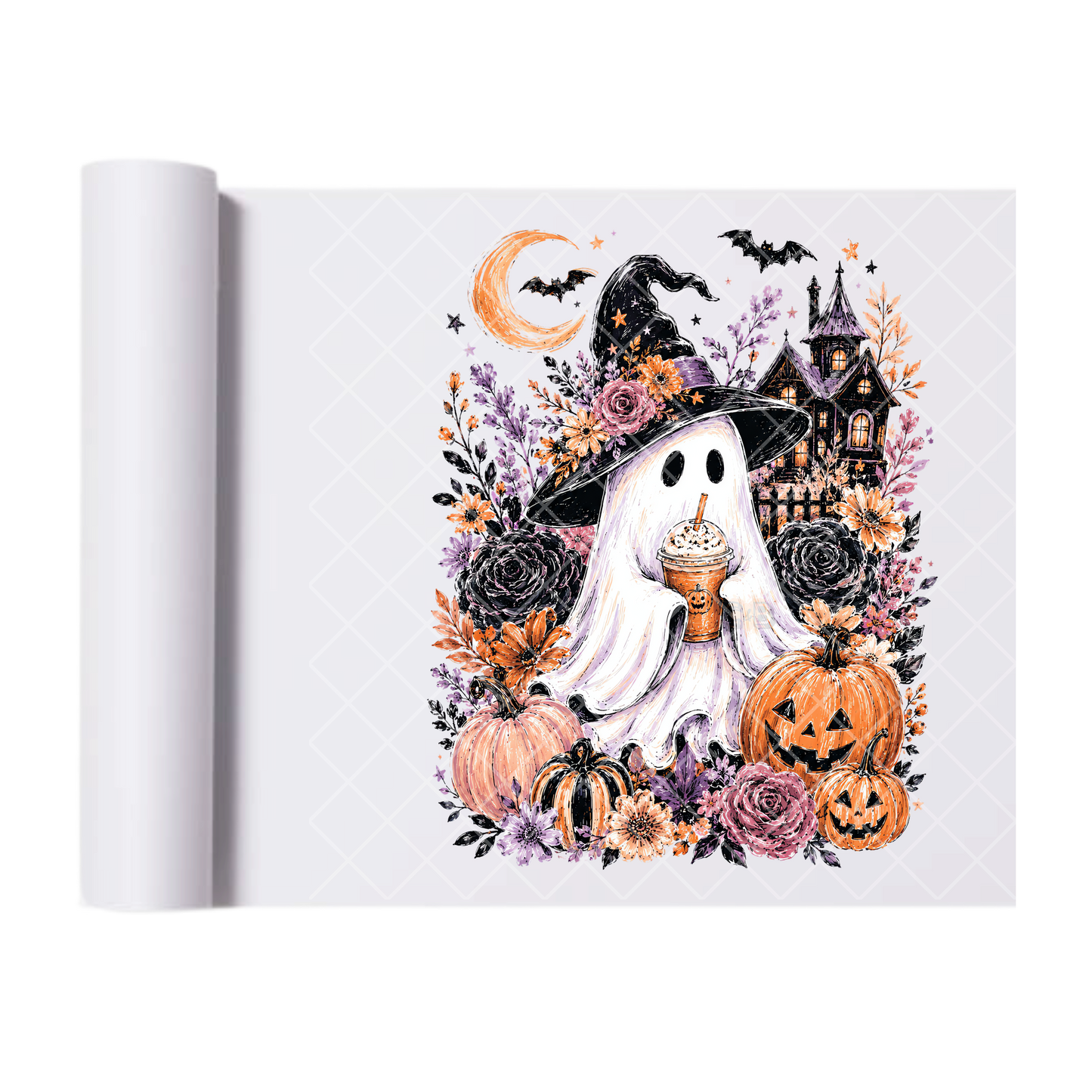 Wholesome Ghost Witch with Floral - Ready To Press Print Transfer for Apparel, Cotton, Polyester & Blends - High-Quality Print- Commercial Grade