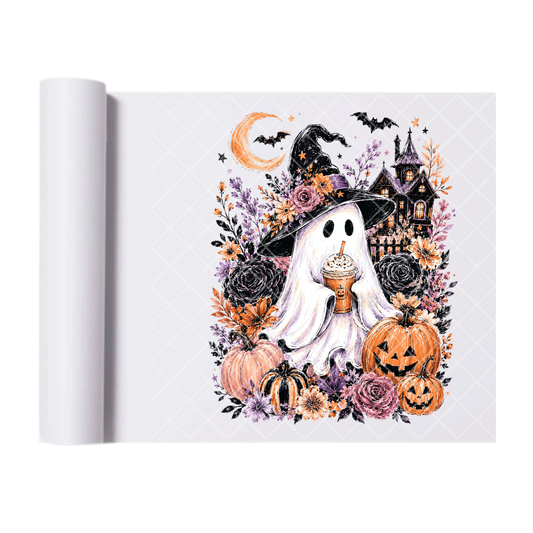 Wholesome Ghost Witch with Floral - Ready To Press Print Transfer for Apparel, Cotton, Polyester & Blends - High-Quality Print- Commercial Grade