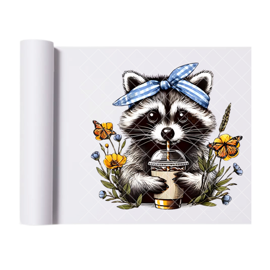 Spring Raccoon Blue Bonnet - Direct Print Film Transfer for Trendy T-Shirts, Cotton, Polyester & Blends - High-Quality Print