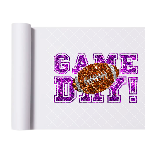 Glitter game day football purple font DTF film t shirt transfer