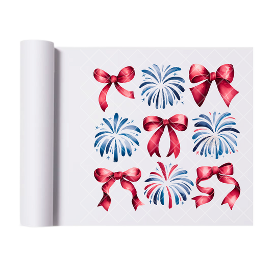 Blue Works Red Bows - Direct Print Film Transfer for Trendy T-Shirts, Cotton, Polyester & Blends - High-Quality Print
