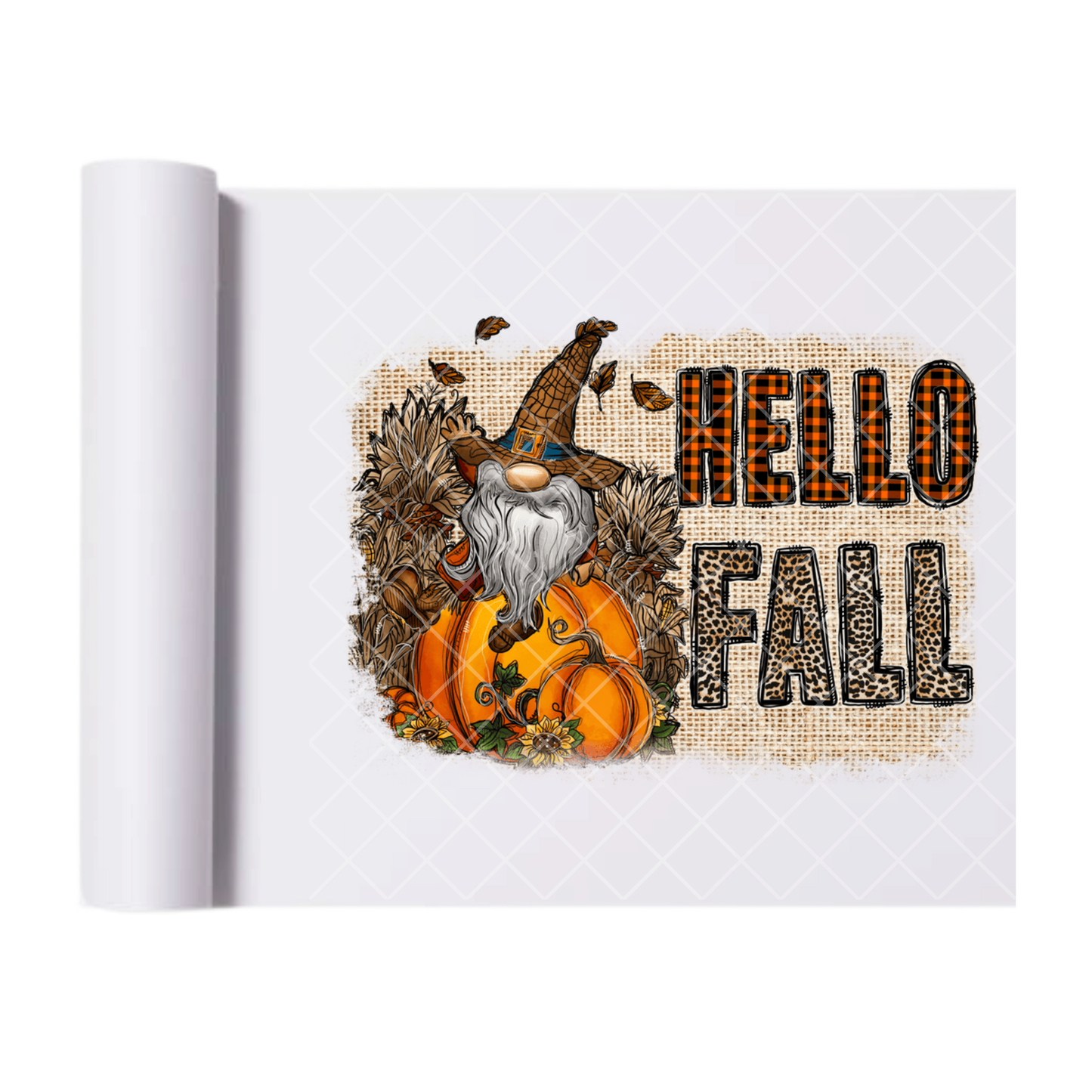 Hello Fall Gnome Burlap - Ready To Press Print Transfer for Apparel, Cotton, Polyester & Blends - High-Quality Print- Commercial Grade