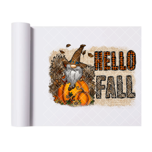 Hello Fall Gnome Burlap - Ready To Press Print Transfer for Apparel, Cotton, Polyester & Blends - High-Quality Print- Commercial Grade