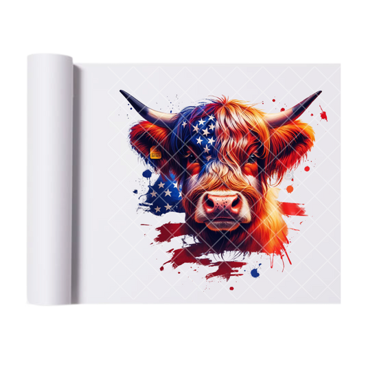 Highland Cow Patriot - Direct Print Film Transfer for Trendy T-Shirts, Cotton, Polyester & Blends - High-Quality Print