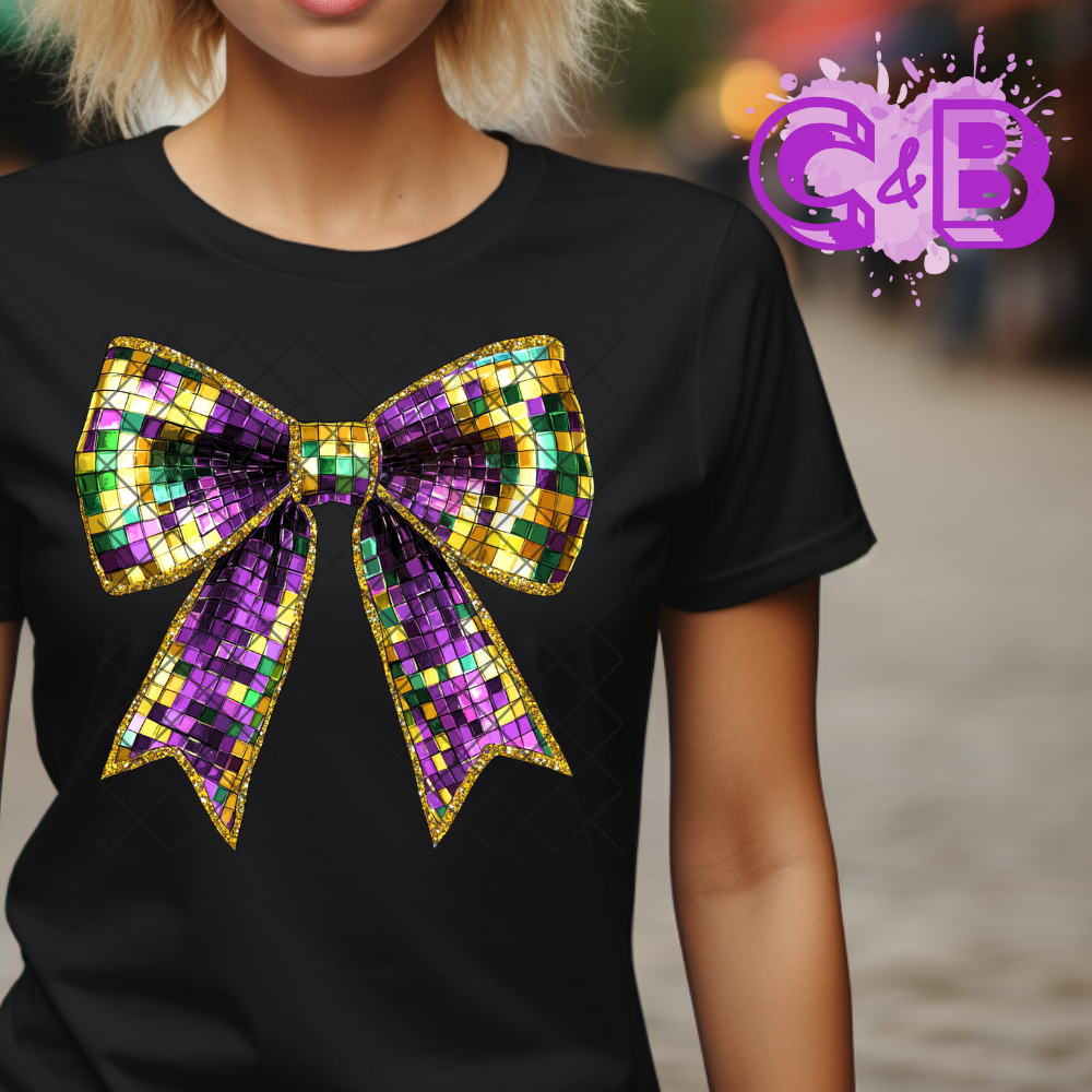 Mardi Gras bow with disco tile DTF film t shirt transfer