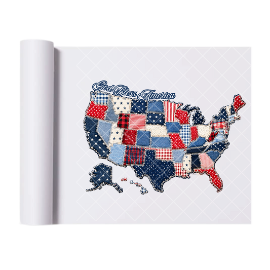 God Bless Patchwork America - Direct Transfer Print, Ready To Press For T-Shirts, Cotton, Polyester & Blends - Tshirt Business Quality