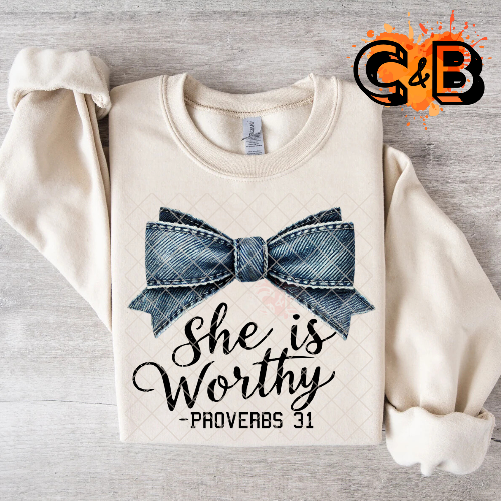 She is worthy blue jean bow PNG