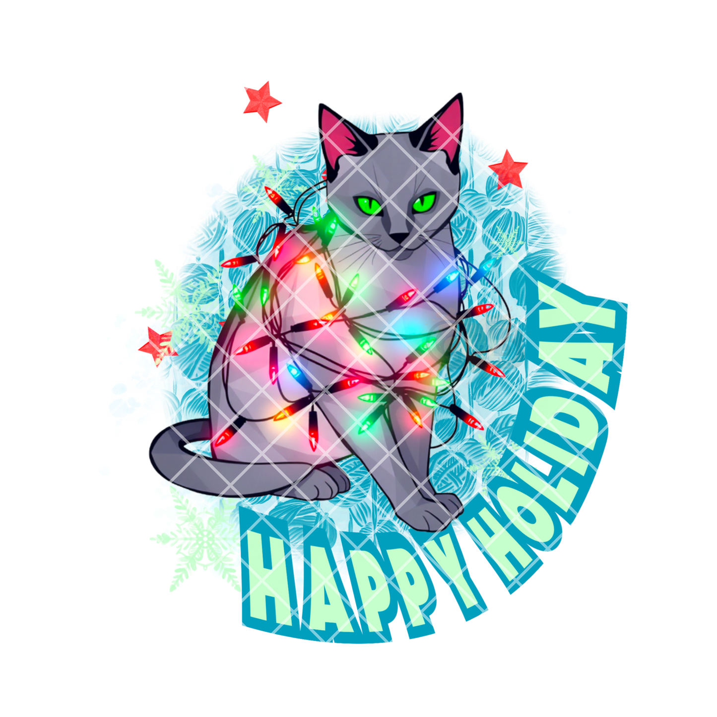 Cat in Christmas lights blue yarn red stars PNG