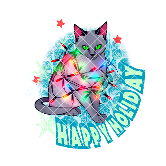 Cat in Christmas lights blue yarn red stars PNG