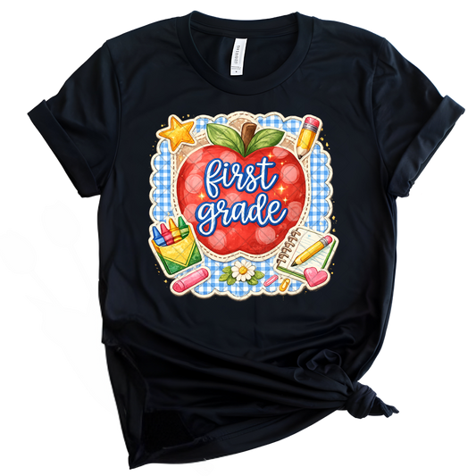 First Grade Apple & Pencils - Premium Graphic T-Shirt for Casual Wear