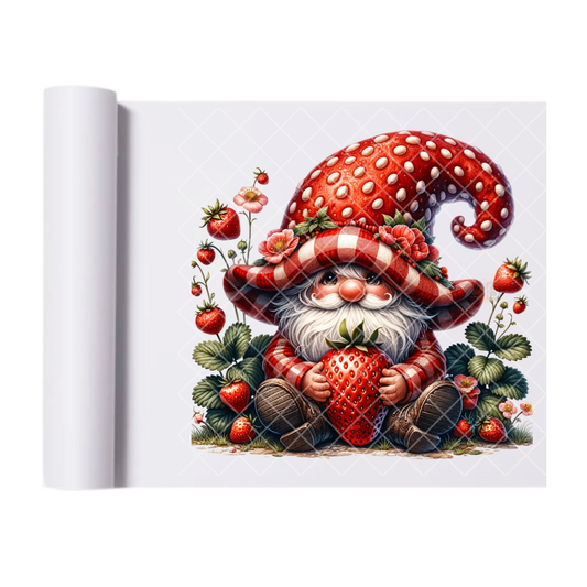Strawberry Themed Gnome - Direct Print Film Transfer for T-Shirts, Cotton, Polyester & Blends - High-Quality Print