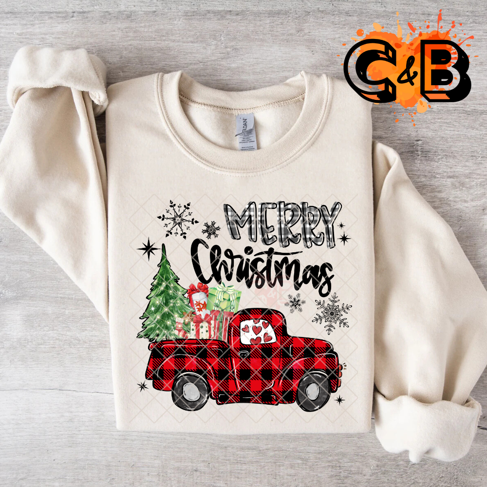 Merry christmas red plaid pick up truck PNG