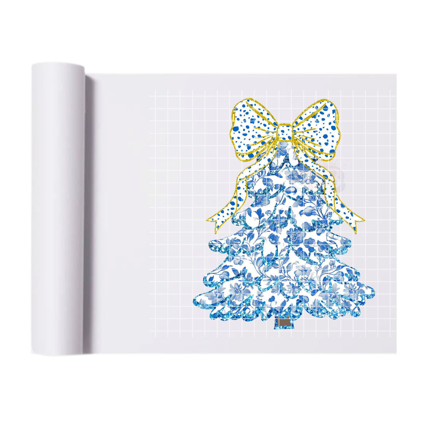 Christmas Tree Gold Blue Dotted Bow DTF Transfer