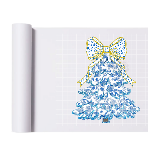 Christmas Tree Gold Blue Dotted Bow DTF Transfer