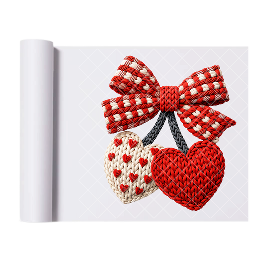 Faux Crochet Heart and Ribbon - Direct Transfer Print, Ready To Press For T-Shirts, Cotton, Polyester & Blends - Tshirt Business Quality
