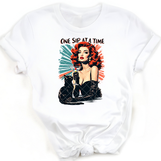 One Sip At A Time Black Cat - Premium Graphic T-Shirt for Casual Wear