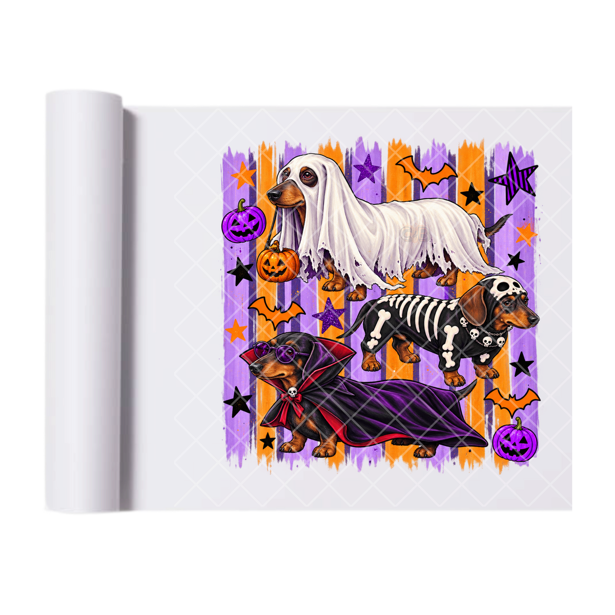 Weiner Dogs In Halloween Costumes - Ready To Press Print Transfer for Apparel, Cotton, Polyester & Blends - High-Quality Print- Commercial Grade