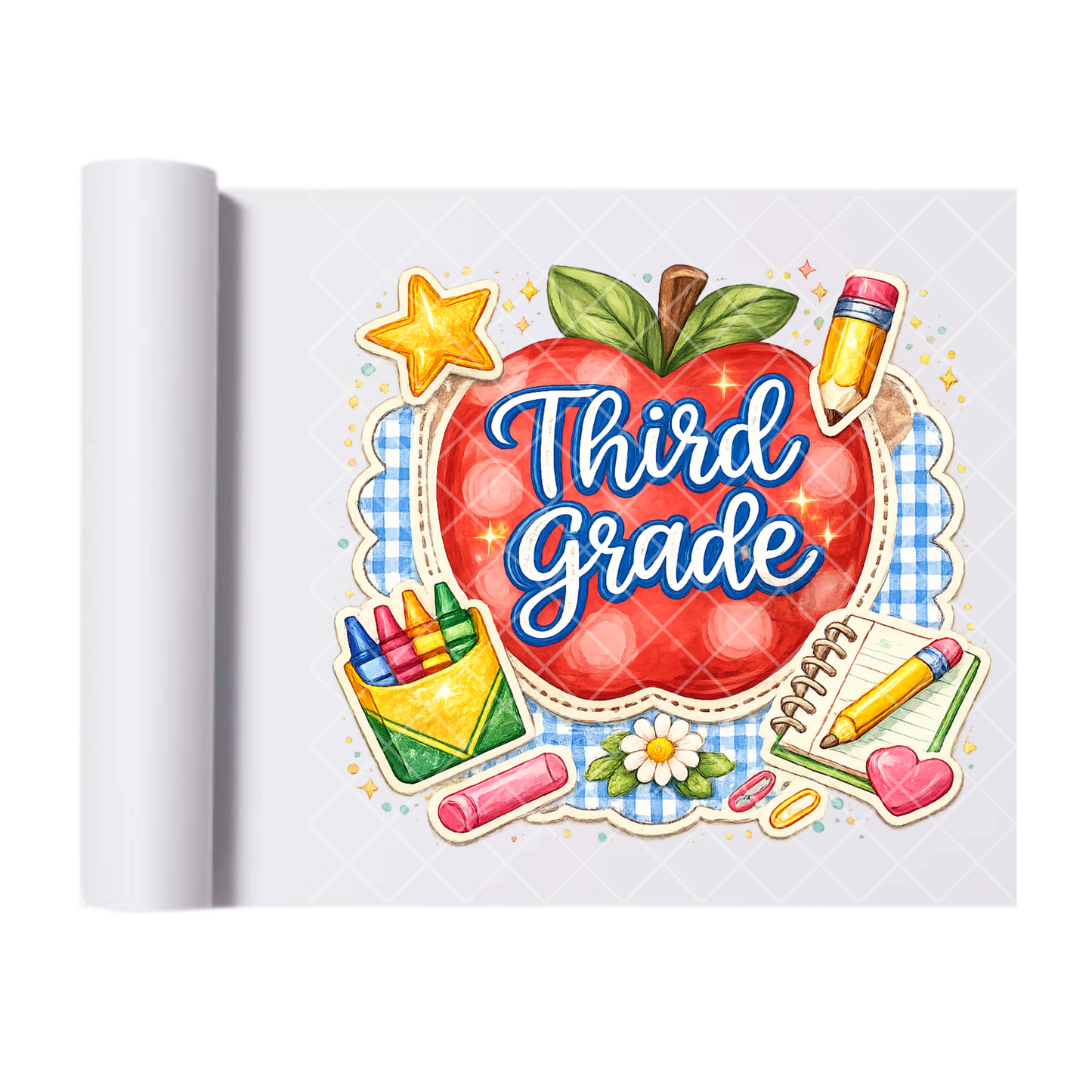 Third Grade Apple & Pencils - Direct Print Film Transfer for T-Shirts, Cotton, Polyester & Blends - High-Quality Print