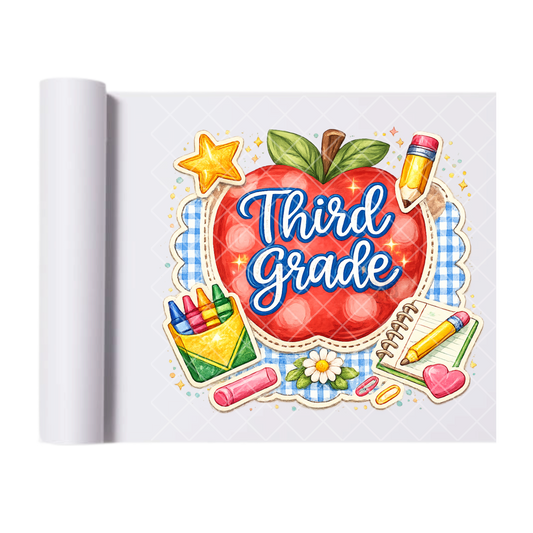 Third Grade Apple & Pencils - Direct Print Film Transfer for T-Shirts, Cotton, Polyester & Blends - High-Quality Print