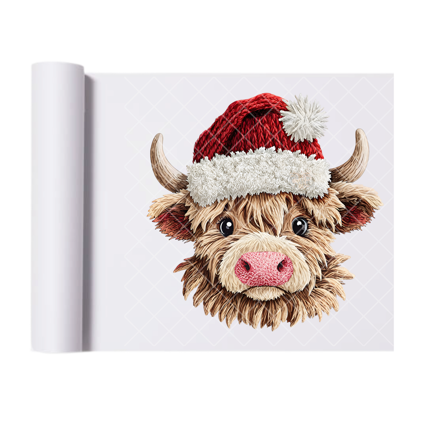 Santa Hat Highland Cow Faux Yarn - Direct-To-Film Heat Transfer for T-Shirts, Cotton, Polyester & Blends - High-Quality Print