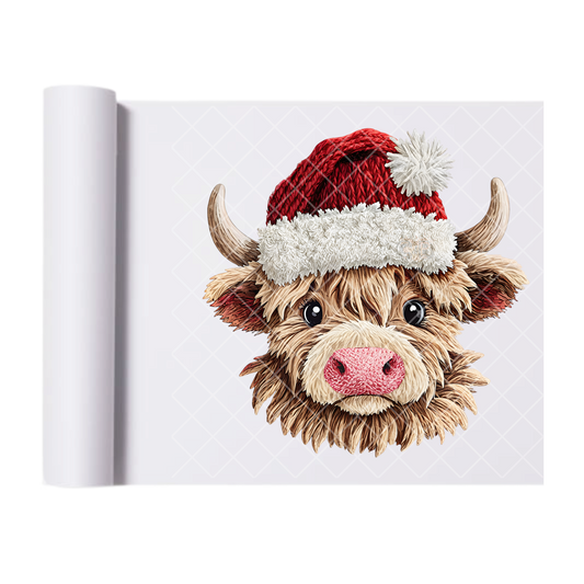 Santa Hat Highland Cow Faux Yarn - Direct-To-Film Heat Transfer for T-Shirts, Cotton, Polyester & Blends - High-Quality Print