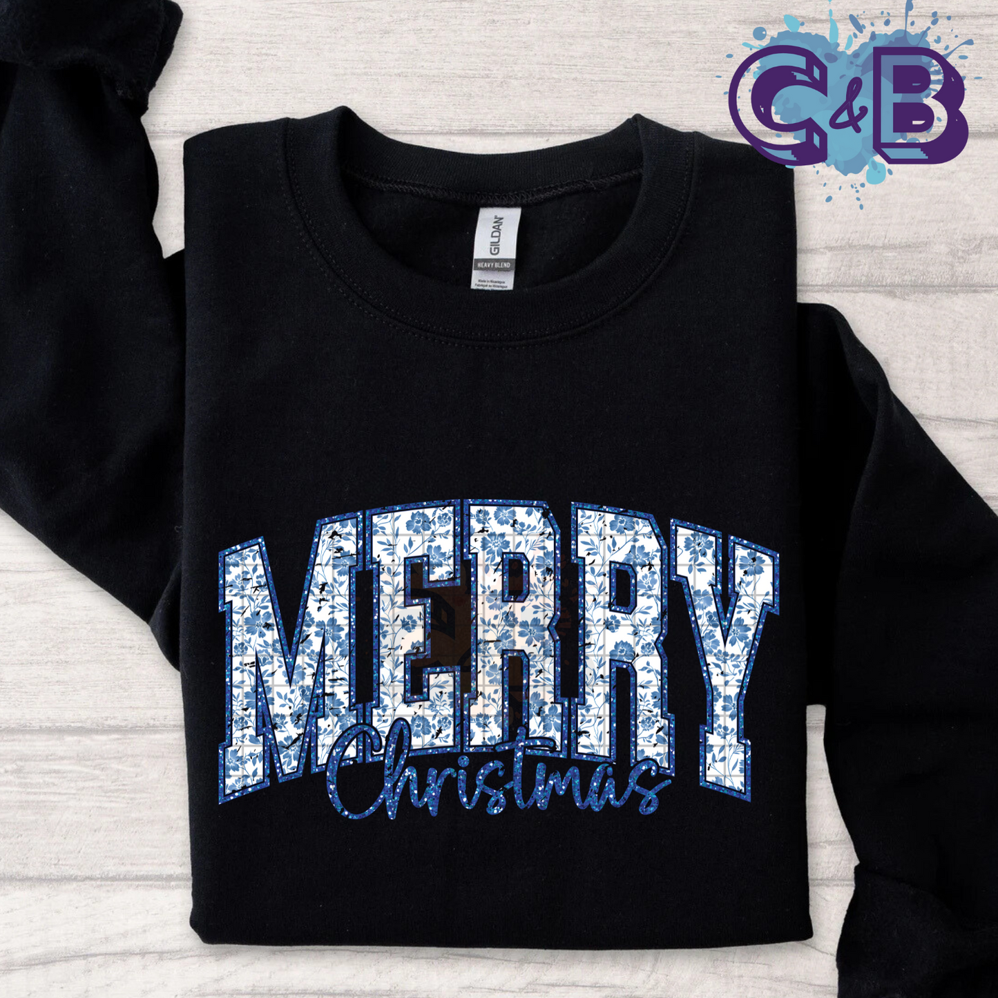 Merry Christmas Blue Floral Pattern DTF Transfer