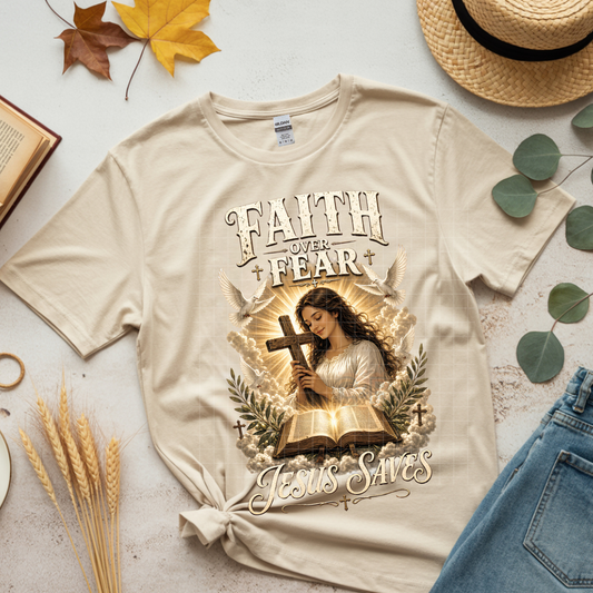Faith Over Fear Jesus Saves - Premium Graphic T-Shirt for Casual Wear