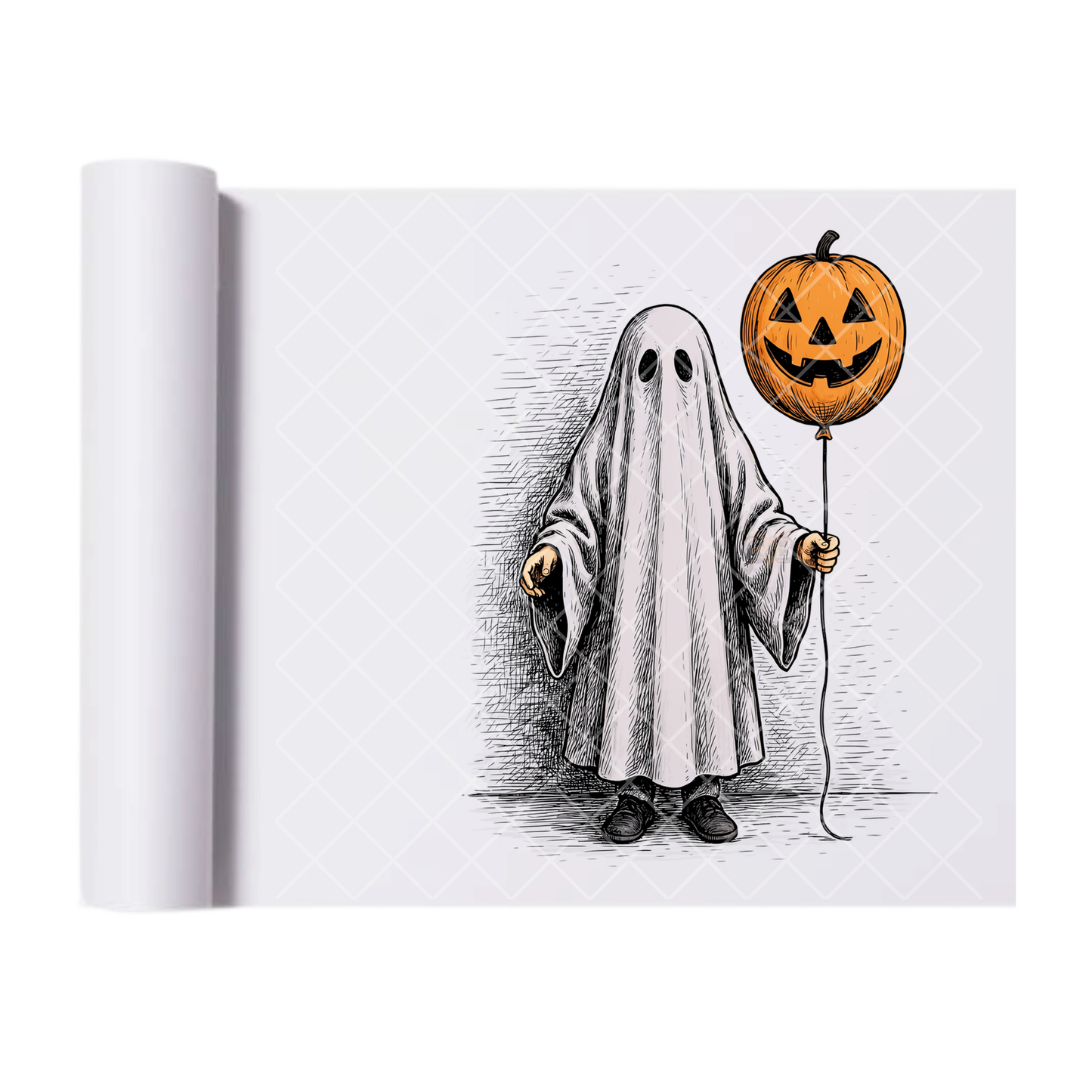 Pumpkin Ballon and Ghost Illustration - Ready To Press Print Transfer for Apparel, Cotton, Polyester & Blends - High-Quality Print- Commercial Grade